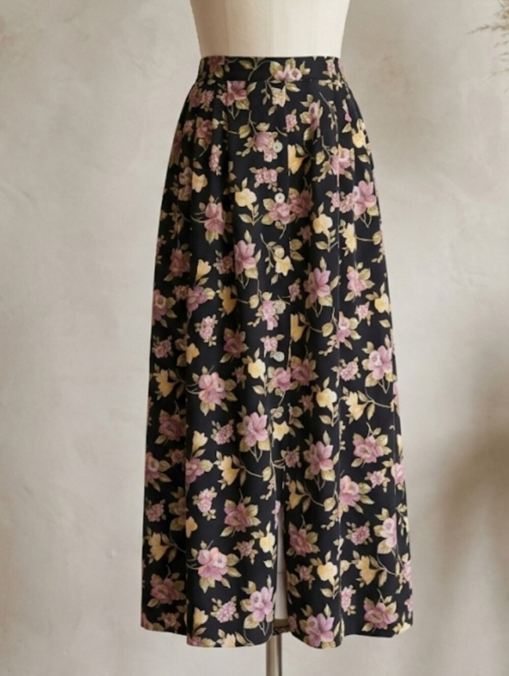 Vintage 90s Floral Maxi Skirt Small Black Pink Button Front Cottagecore